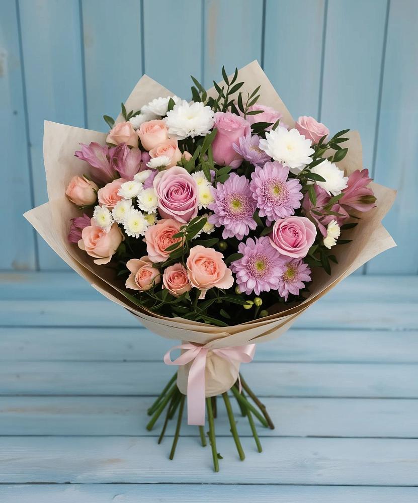 Букет цветов из: Хризантемы, Розы и Альстромерии в Новопластуновской