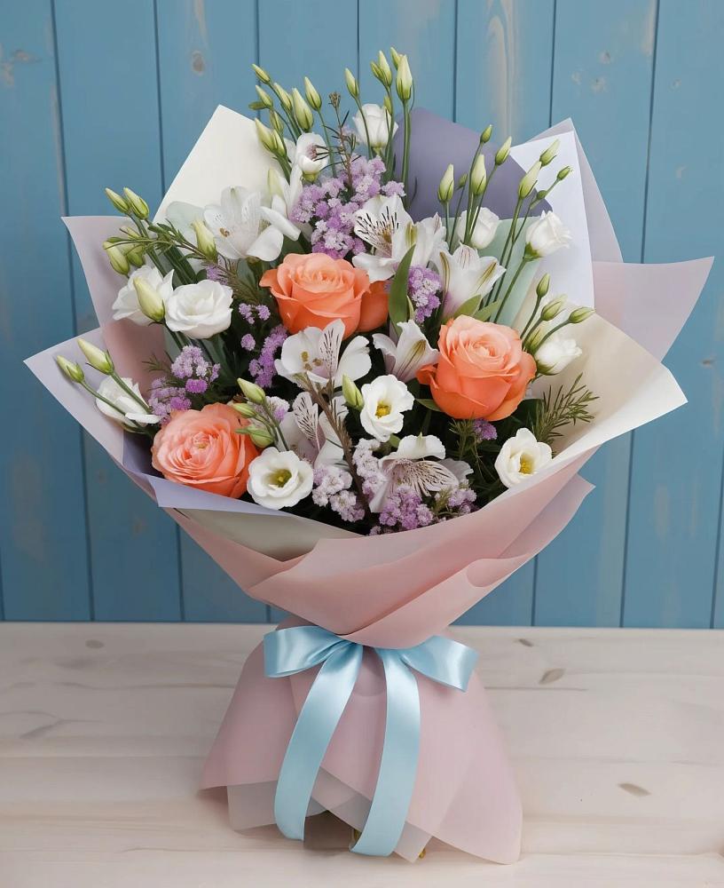 Букет цветов из: Лизиантусы, Розы, Альстромерии и Гипсофила в Новопластуновской