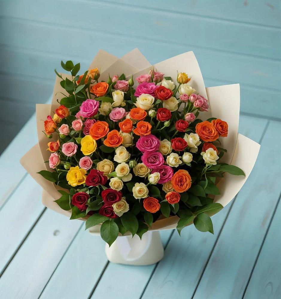 Букет Микс из разноцветных кустовых роз в Новопластуновской