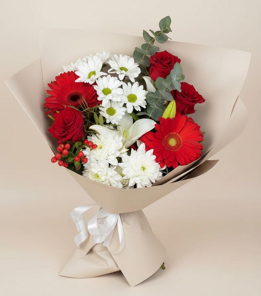 Букет цветов из: Розы, Хризантемы, Герберы и Лилии в Новопластуновской